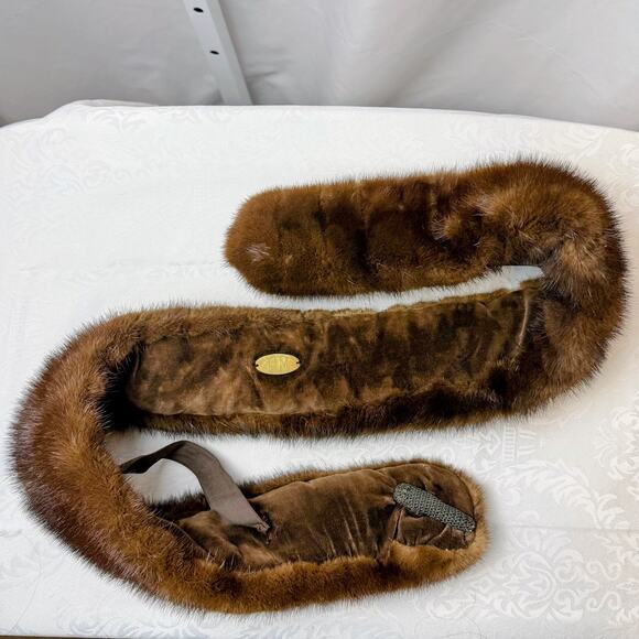 VTG 1940s Real Mink Fur Stole Scarf Wrap Brown Satin Lined PM Monogram 40x4 - Picture 4 of 7